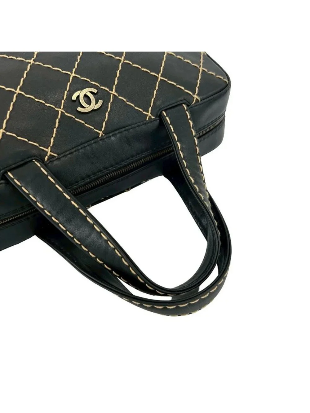 Chanel Card Seal Included Wild Stitch CC Logo Leather Boston Bag Black